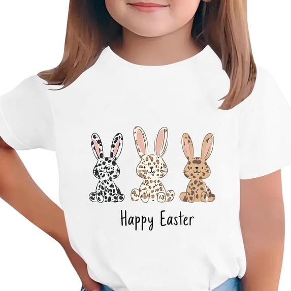 Girls Easter Bunny Graphic Tee White Happy Easter Shirt for Kids Soft Stretch Short Sleeve T-Shirt Kids to Big Kid 3-12 Years,Size 4-5T