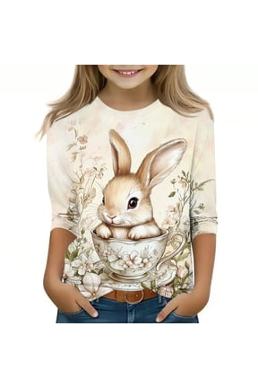 Girls Easter Bunny Long Sleeve Shirt Floral Teacup Graphic Tee Multicolor Pastel Spring Top for Kids,Size 9-10T