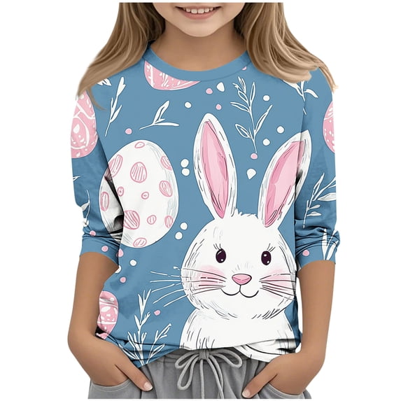 Girls Easter Bunny Long Sleeve T-Shirt Navy All Over Print Soft Stretchy Top Kids Spring Kids & Youth Ages 3-12,Size 5-6 T