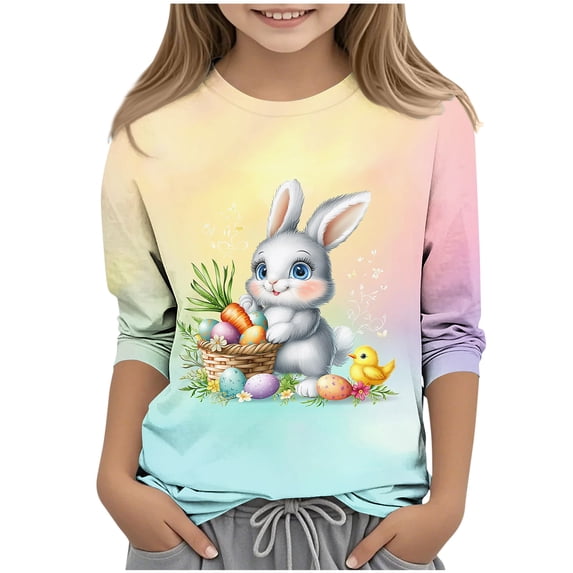 Girls Easter Bunny Long Sleeve T-Shirt Pastel Rainbow Green Spring Top for Kids & Kids Ages 3-12 Years Soft Stretchy,Size 11-12 T