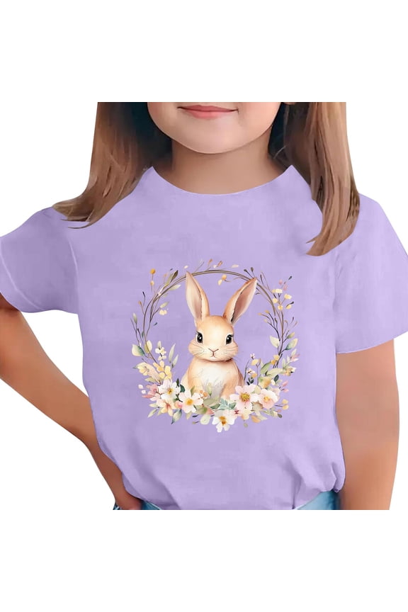 Girls Easter Bunny Shirt Purple Floral Graphic Tee Spring Top for Kids Soft Short Sleeve T-Shirt,Size 4-5T