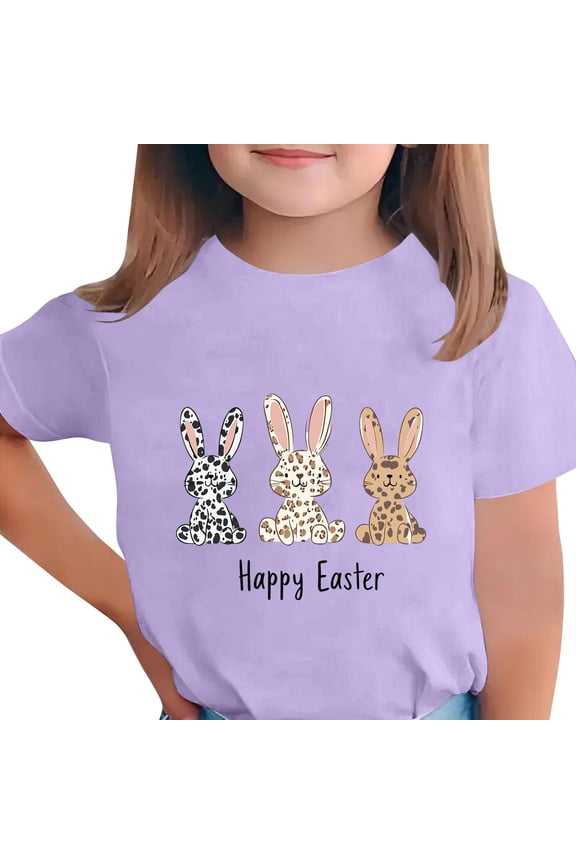 Girls Easter Bunny Shirt Purple Happy Easter Graphic Tee for Kids Soft Stretch Short Sleeve T-Shirt Kids to Big Kid 3-12 Years,Size 7-8T
