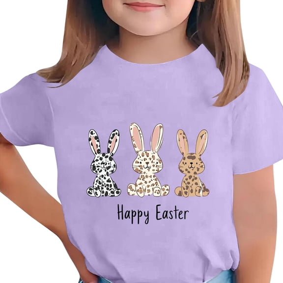 Girls Easter Bunny Shirt Purple Happy Easter Graphic Tee for Kids Soft Stretch Short Sleeve T-Shirt Kids to Big Kid 3-12 Years,Size 7-8T