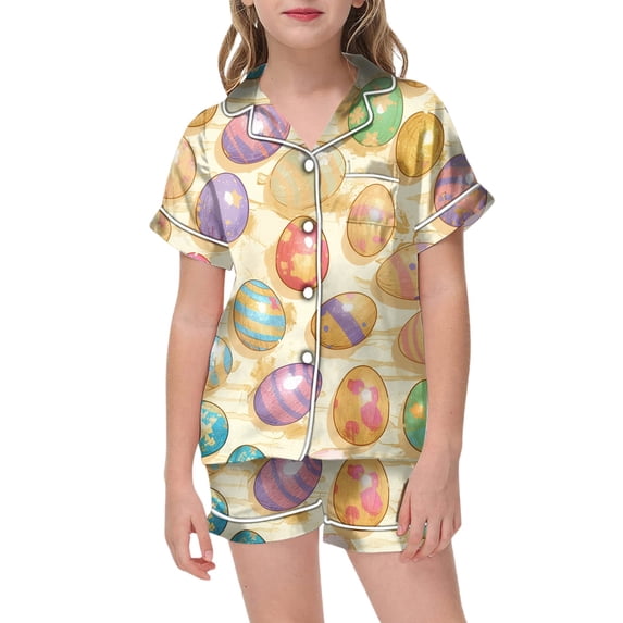 Girls' Easter Day Printed Pajamas Short Sleeved Button Top Shorts Home Pajamas Set
