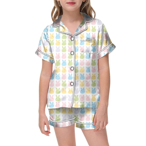 Girls' Easter Day Printed Pajamas Short Sleeved Button Top Shorts Home Pajamas Set