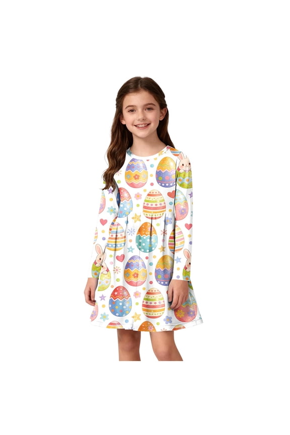 Girls Easter Dress Beige Long Sleeve A-Line Easter Bunny Egg Print Spring Holiday Dress for Kids Big Girl Kids,Size 4-5 T