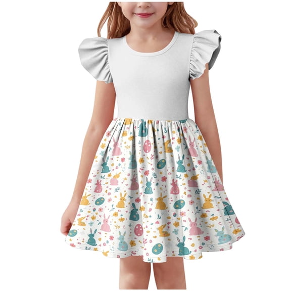 Girls Easter Dress Bunny Print Ruffle Sleeve A-Line Spring Dress for Kids to Pre-Teen Sizes 3-14 Beige,Size 11-12 T