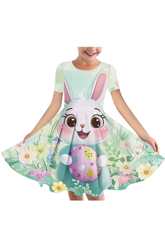 Girls Easter Dress Easter Funny Bunny Rabbit Graphic Short Sleeve Round Neck Stretchy Dress Dance Skirt Multicolor 7-8 Years