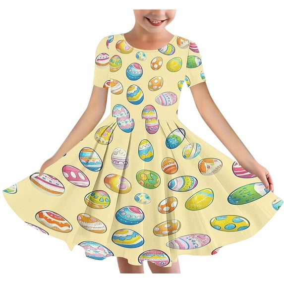 Girls Easter Dress Easter Funny Bunny Rabbit Graphic Short Sleeve Round Neck Stretchy Dress Dance Skirt Multicolor 9-10 Years