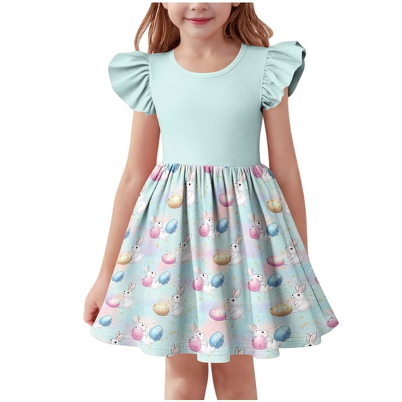 Girls Easter Dress Kids Light Blue Bunny Egg Print Pastel Ombre Flutter Sleeve A-Line Spring Party Casual,Size 3-4 T