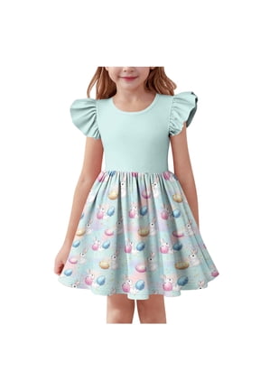 Girls Easter Dress Kids Light Blue Bunny Egg Print Pastel Ombre Flutter Sleeve A-Line Spring Party Casual,Size 5-6 T