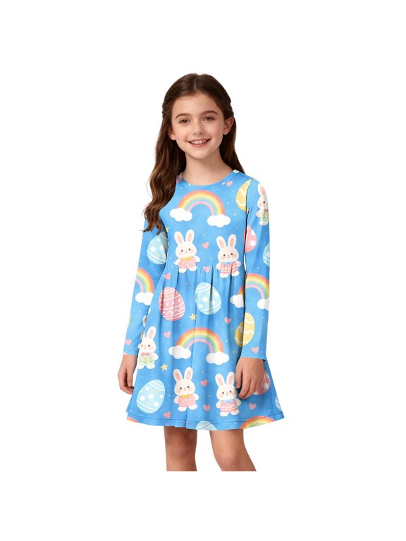 Girls Easter Dress Long Sleeve Blue A Line Bunny Print Casual Spring Pullover Dresses for Kids 4-14 Years,Size 5-6 T