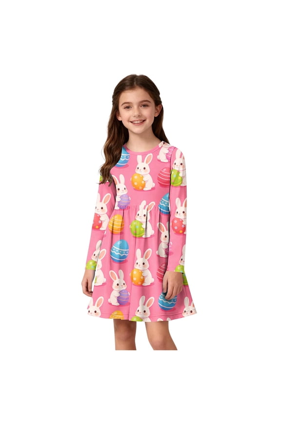 Girls Easter Dress Long Sleeve Bunny Print A-Line Casual Party Dress for Kids, Hot Pink, 95 Polyester 5 Spandex, Sizes 4-14 (My Brand),Size 11-12 T