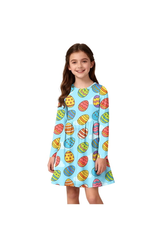 Girls Easter Dress Long Sleeve Green Easter Egg Print Kids Little Girl A Line Dress Soft Comfort Stretchy Fabric for Spring Holiday Egg Hunt Party,Size 11-12 T