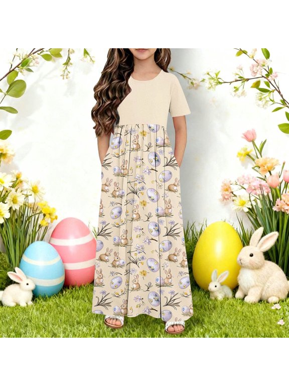 Girls Easter Dress Maxi with Bunny Print, Beige Floral Two-Piece Look, Short Sleeve with Pockets & Elastic Waist for Kids 4-14 Years,Size 5-6 T