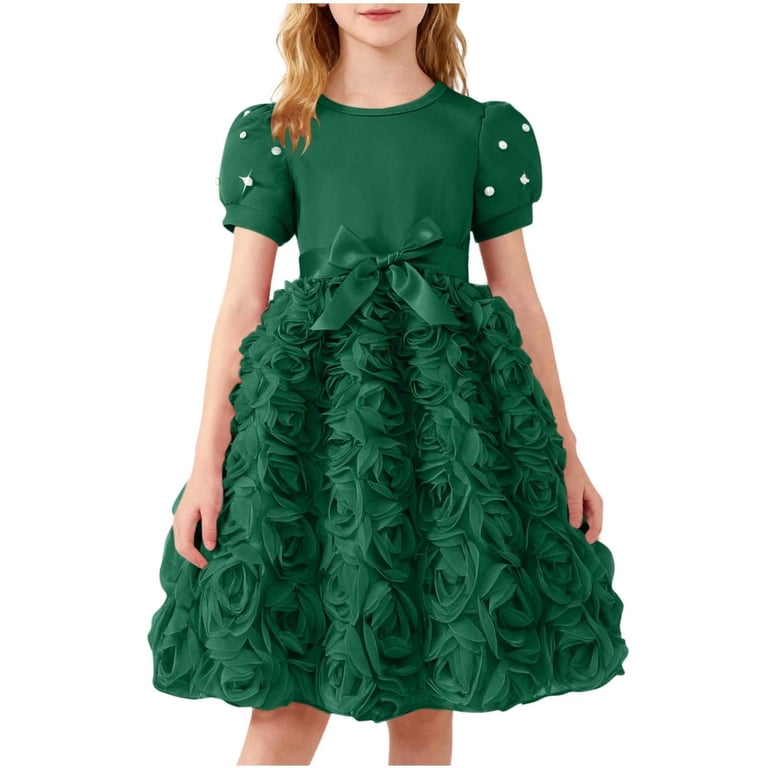 Girls Easter Dress & Party Dress, Green 3D Rose Applique Flower Girl Dress with Bow Waist for Kids Ages 4-8,Size 4-5 T