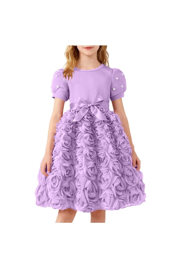 Girls Easter Dress & Party Dress Purple, Flower Girl Dress with 3D Roses and Pearl Details for Kids Ages 4-8,Size 4-5 T