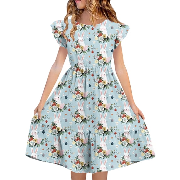 Girls Easter Dress Ruffle Sleeve Tiered A-Line Bunny Easter Egg Floral Print Soft Stretchy Kids Casual Party Wear Multicolor Spring,Size 9 T