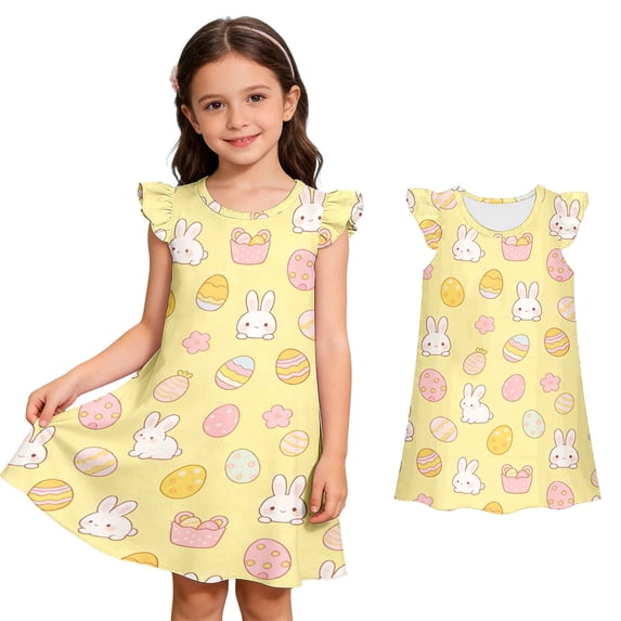 Girls Easter Dress Sleeveless Bunny Easter Egg Print Dress Crew Neck Midi Dress Summer Dresses Girls 9-10 Years Girls Dresses