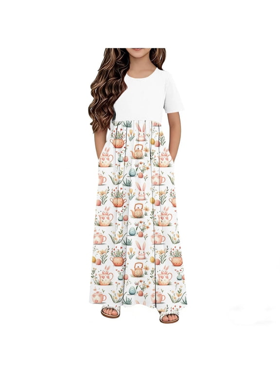 Girls' Easter Dress with Pockets, Pastel Bunny Print Maxi Sundress, Stretchy Spring Church Outfit for Kids Ages 4-14,Size 5-6 T