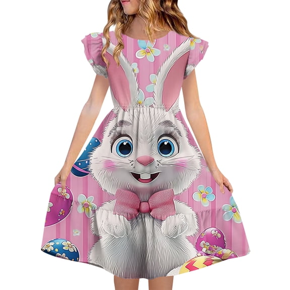 Girls Easter Dresses Bunny Print Short Sleeve Ruffle A-Line Casual Spring Kids Dress for Kids Ages 5-14 Multicolor,Size 7 T