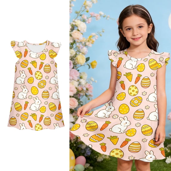 Girls Easter Dresses Sleeveless Bunny Easter Egg Print Dress Crew Neck Midi Dress Summer Dress Girls Size 4-5 Years Dresses