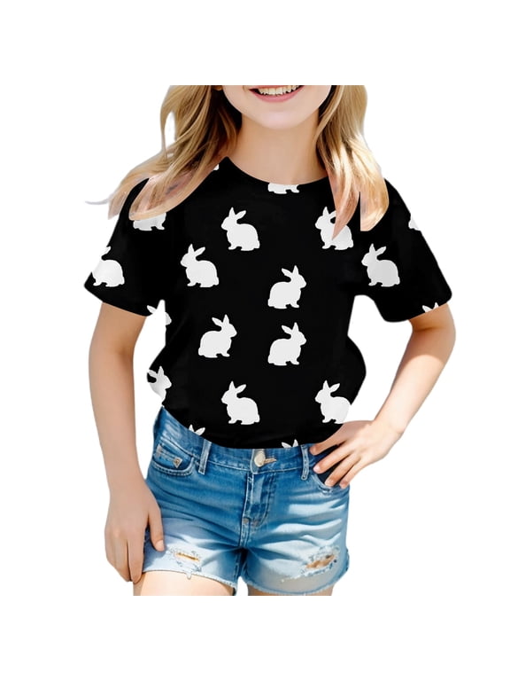 Girls Easter Graphic T Shirt Short Sleeve Crew Neck Cute Print Soft Top Black 3 Years-4 Years