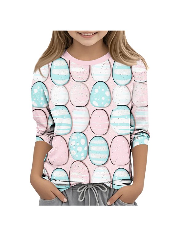 Girls Easter Long Sleeve T-Shirt Glitter Easter Egg Print Soft Stretchy Kids Big Girl 3-12 Blue Spring Holiday Outfit,Size 4-5 T