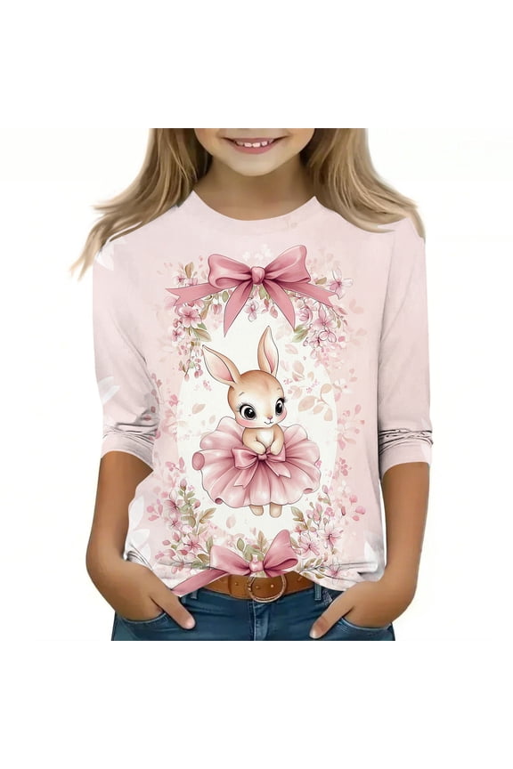 Girls Easter Long Sleeve Top Kids Bunny Rabbit Ballerina Tutu Floral Print Tunic Shirts Blouse Crew Neck Pullover Casual Holiday Spring Tops Multicolor,Size 3-4T