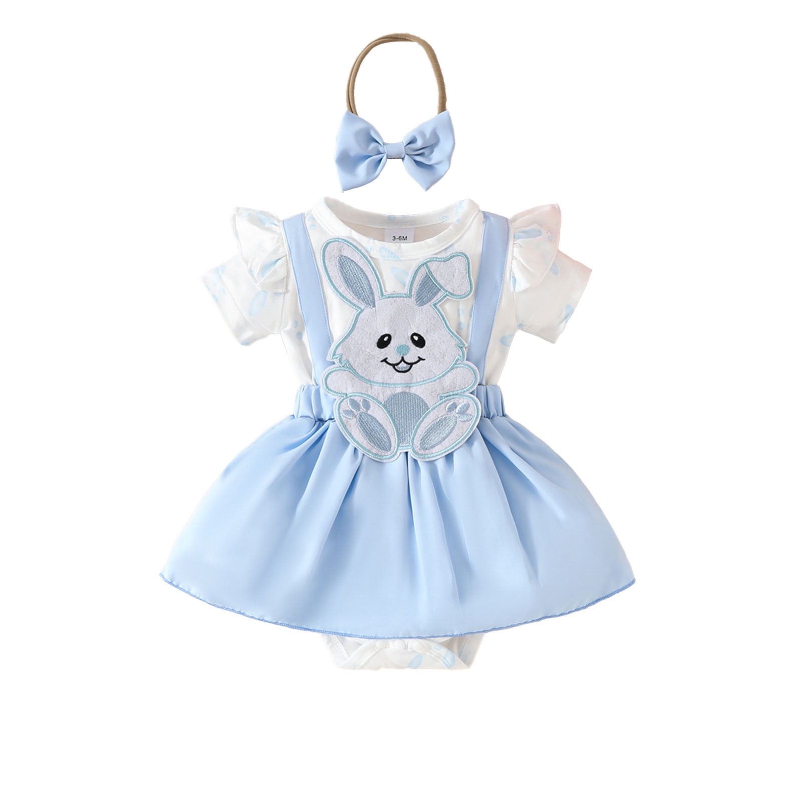 Girls Easter Outfits Infant Girls Short Sleeve Easter Cartoon Rabbit Prints Romper Newborn Bodysuits Dress Headbands Set My First Easter Light Blue 12 Months-18 Months