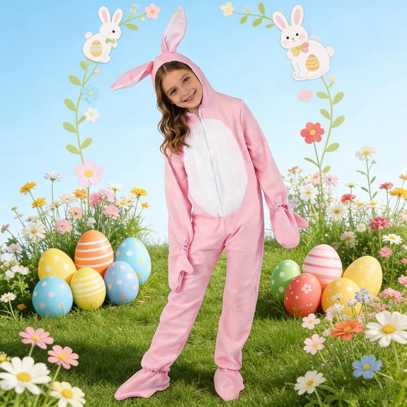 Girls Easter Outfits Sets Bunny One Piece Set Kids Hooded Jumpsuit with Rabbit Ears Belly Patch Attached Gloves Fairy Tale Party Dress up Clothes Pink One Size
