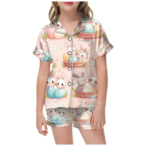 Toddler Girls Easter Pajamas Set Cute Easter Bunny Button up Short Sleeve Shirt and Shorts Set Silk Pajamas for Girls 6-7 Years