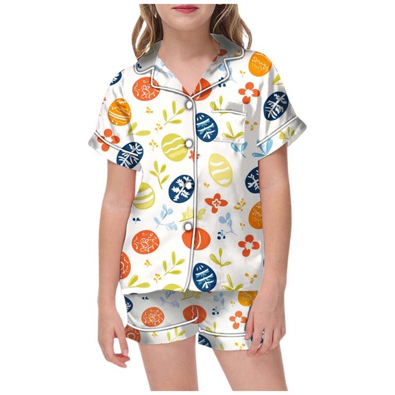 Girls Easter Pajamas Set Cute Bunny Outfit Easter Button up Short Sleeve Shirt and Shorts Set Girls Satin Pajamas Size 6-7 Years