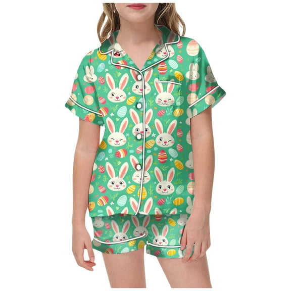 Boys Easter Pajamas Set Cute Easter Bunny Button Down Short Sleeve Shirt and Shorts Set Toddler Clothes 6-7 Years