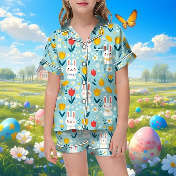 Girls Easter Pajamas Set Easter Egg Cartoon Printed Button Down Short Sleeve Pajamas Set Cute Pajamas for Girls 10-11 Years