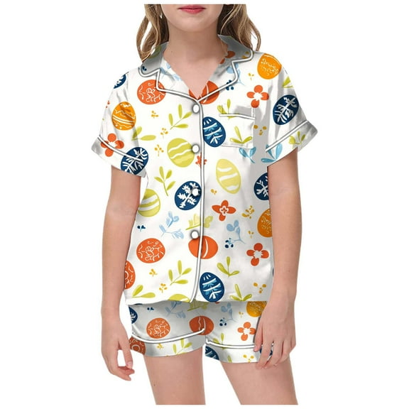Girls Easter Pajamas Set Easter Egg Cartoon Printed Button Down Short Sleeve Shirt and Shorts Pajamas Set Toddler Clothes Easter 8-9 Years