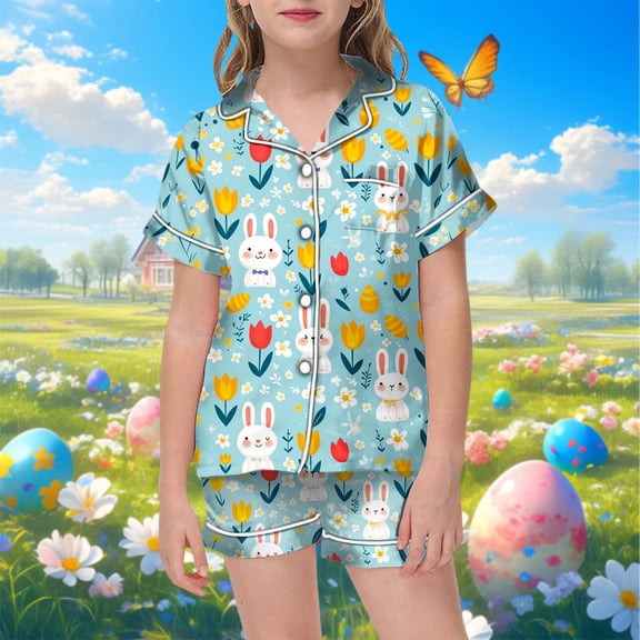 Girls Easter Pajamas Set Easter Egg Cartoon Printed Button up Short Sleeve Shirt and Shorts Pajamas Set Kids Pajamas Girls 6-7 Years