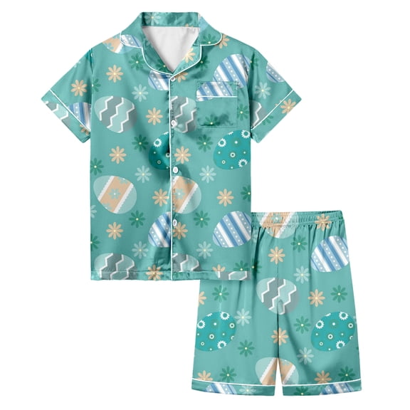 Girls Easter Pajamas Size 10-12 Bunny Print and Egg Print Short Sleeved Comfortable Buttons Two-Piece Pj Sleepwear Sets Green,10-11Y
