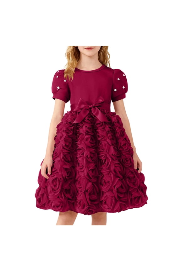 Girls Easter & Party Dress Wine, Flower Girl Dress with 3D Roses Bow Waist for Kids Ages 4-8,Size 4-5 T
