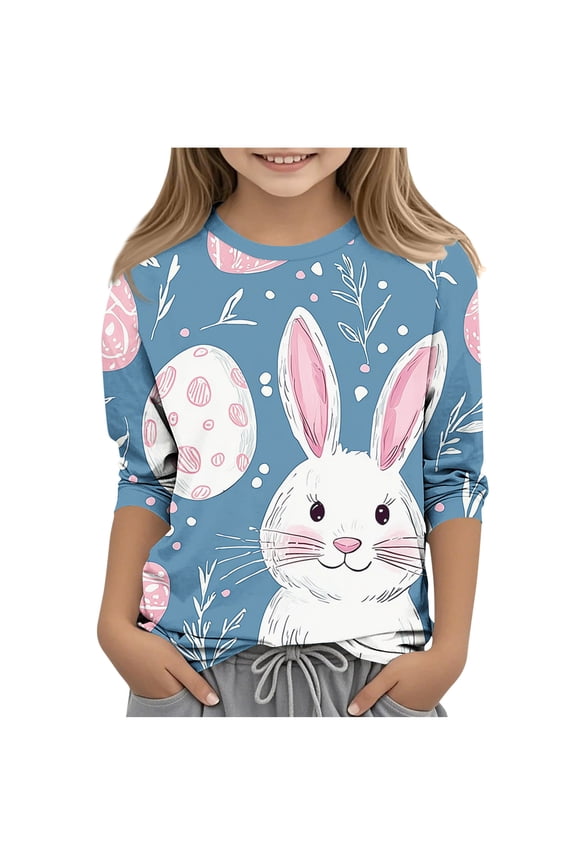 Girls Easter Print 3/4 Sleeve Round Neck Top, Casual Pullover for Kids, Soft Breathable Tee Shirt, Navy