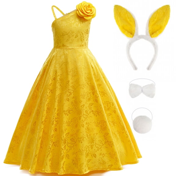 Girls Easter Rabbit Costume with Headband Yellow Princess Birthday Fancy Party Dress