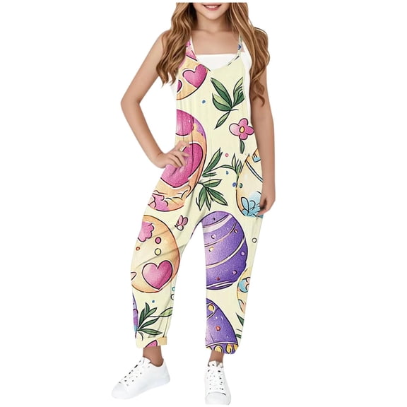 Girls Easter Romper Clearance 5-14 Years Children'S Sleeveless One Piece Jumpsuit With Suspenders Funny Easter Printed Jumpsuit With Pockets Beige 5-6 Years