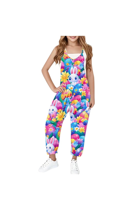 Girls Easter Romper Clearance 5-14 Years Children'S Sleeveless One Piece Jumpsuit With Suspenders Funny Easter Printed Jumpsuit With Pockets Blue 11-12 Years