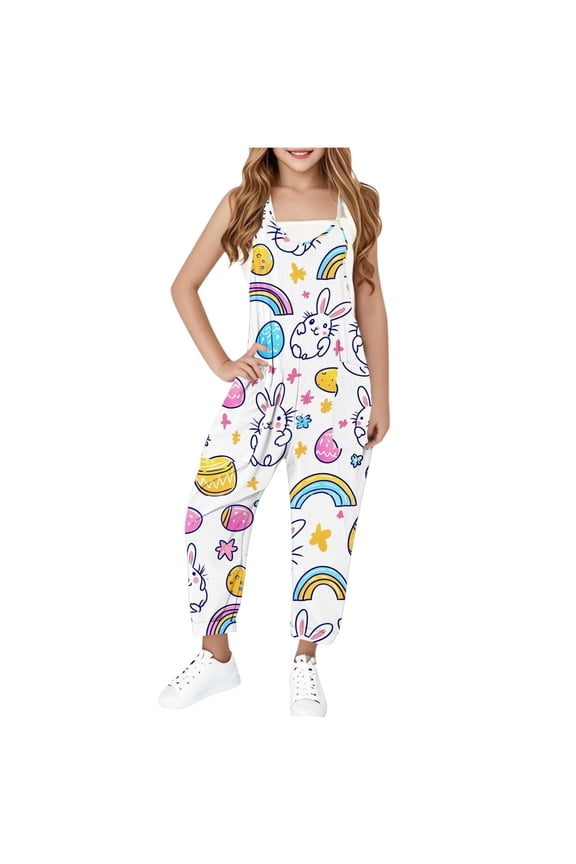 Girls Easter Romper Clearance 5-14 Years Children'S Sleeveless One Piece Jumpsuit With Suspenders Funny Easter Printed Jumpsuit With Pockets White 9-10 Years