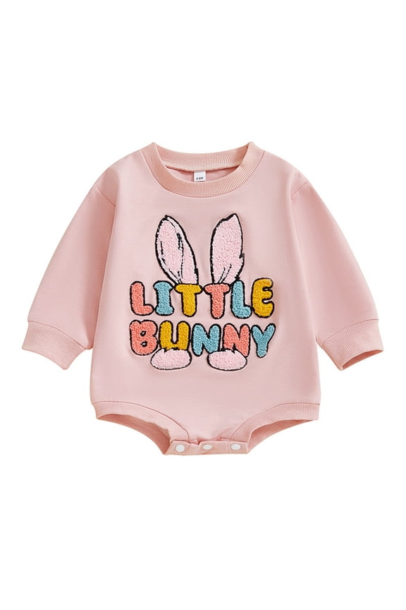 Girls' Easter Romper Crawler Rabbit Letter Embroidery Crew Neck Long Sleeve Pink 12M-18M
