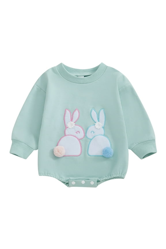 Girls' Easter Romper Spring Rabbit Embroidered Crawling Suit Cotton Triangle Bodysuit Mint Green 0M-3M