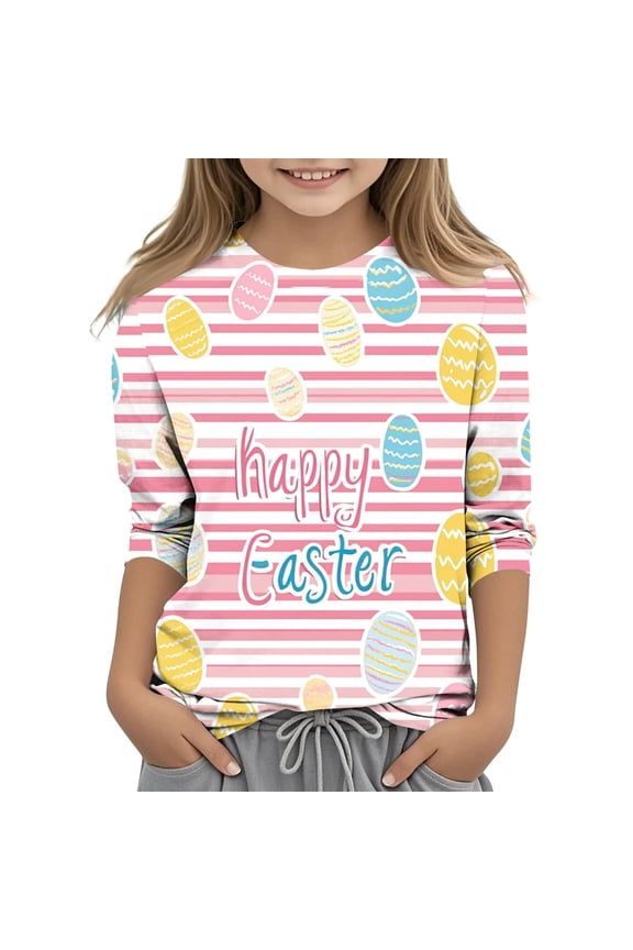 Girls Easter Shirt 3/4 Sleeve Striped Happy Easter Eggs Graphic Tee Multicolor Soft Stretch Kids Little Big Kids,Size 11 T