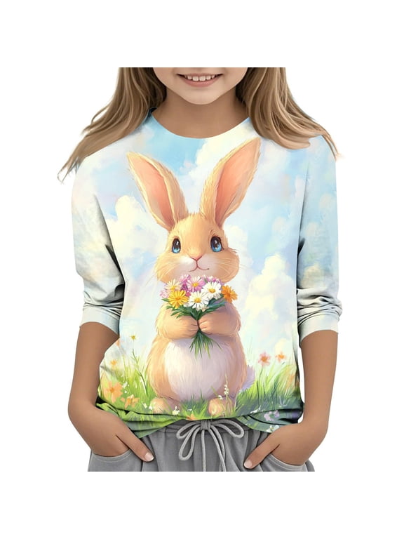 Girls Easter Shirt Kids Big Kid Long Sleeve Crewneck Bunny with Flowers Graphic Tee Polyester Spandex Multicolor,Size 4 T