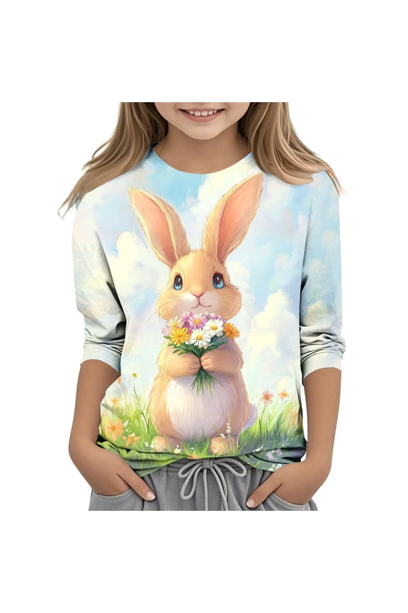 Girls Easter Shirt Kids Big Kid Long Sleeve Crewneck Bunny with Flowers Graphic Tee Polyester Spandex Multicolor,Size 4 T