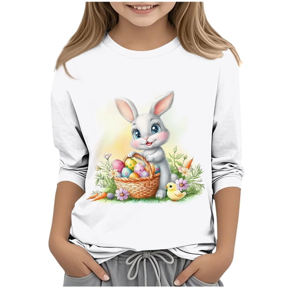 Girls Easter Shirt Long Sleeve Bunny Rabbit with Chick Watercolor Print Soft Casual Comfortable Crewneck Tee Tops Spring Outfits White,Size 7-8 T